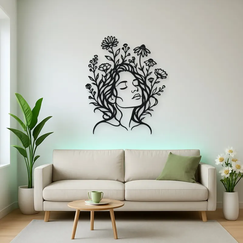 Wildflower Face Metal Wall Art | Minimalist Woman Line Art