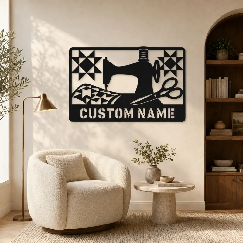 Personalized Sewing Machine Metal Wall Art with Quilt Details - lifestyle view 5