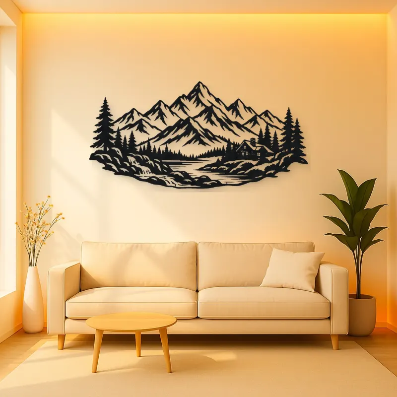 Cabin below the Peaks Metal Wall Art | Nature Silhouette Decor