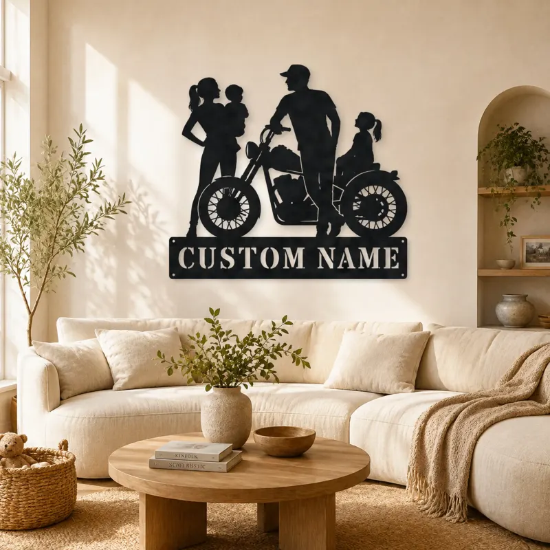 Décoration murale en métal personnalisée pour famille avec fille assise sur moto