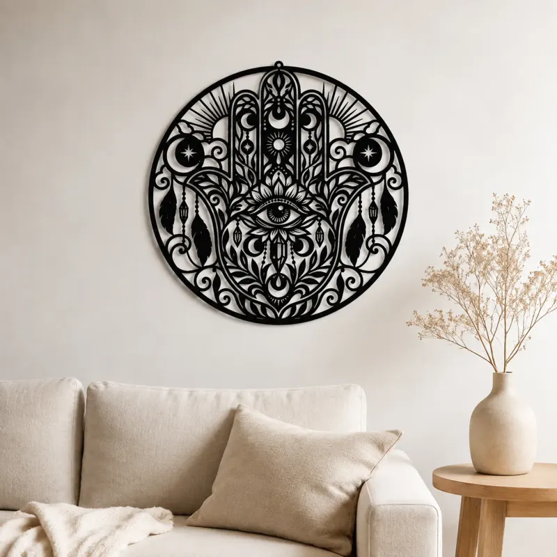 Arte mural de metal hamsa celestial | Decoración boho espiritual de metal