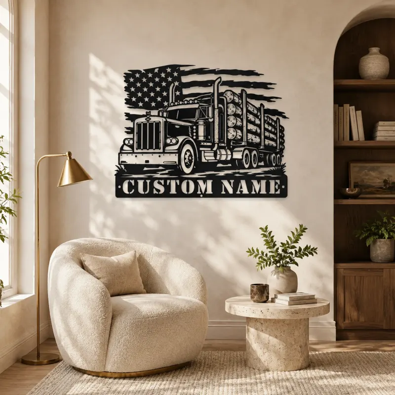 Personalized Logging Semi Truck Metal Wall Art with American Flag - lifestyle view 5