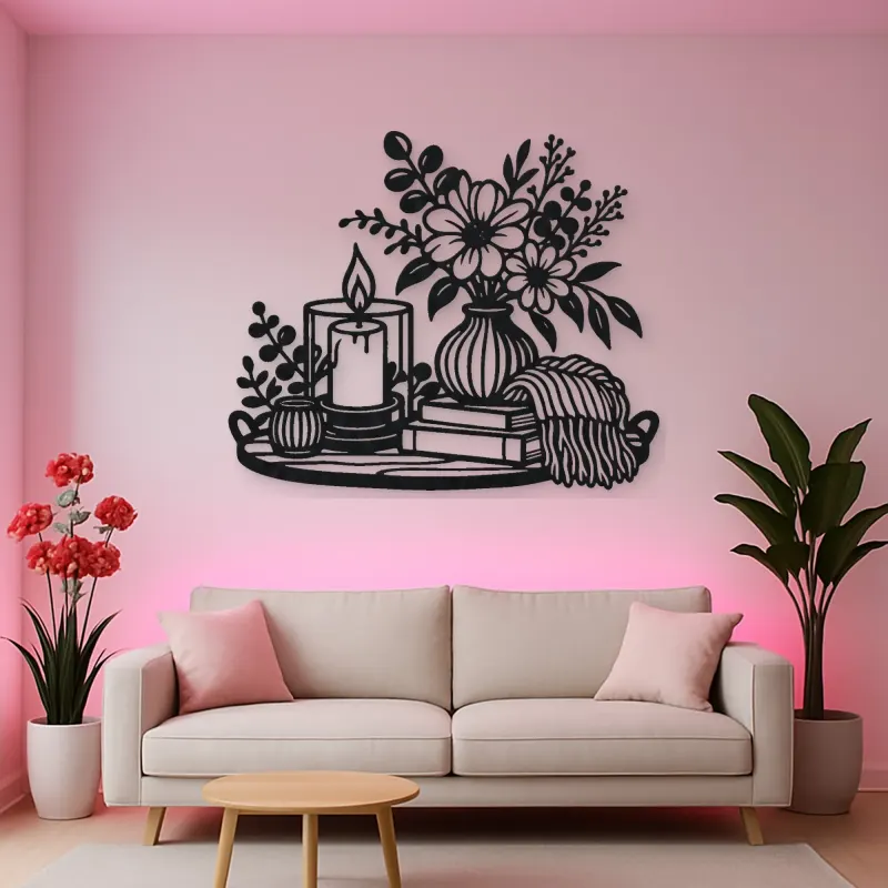 Candle and Flowers Metal Wall Art | Cozy Home Metal Decor