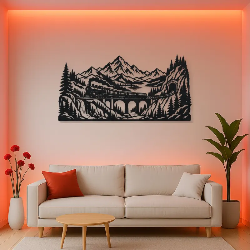 Train through Mountains Metal Wall Art | Travel and City Wall Decor