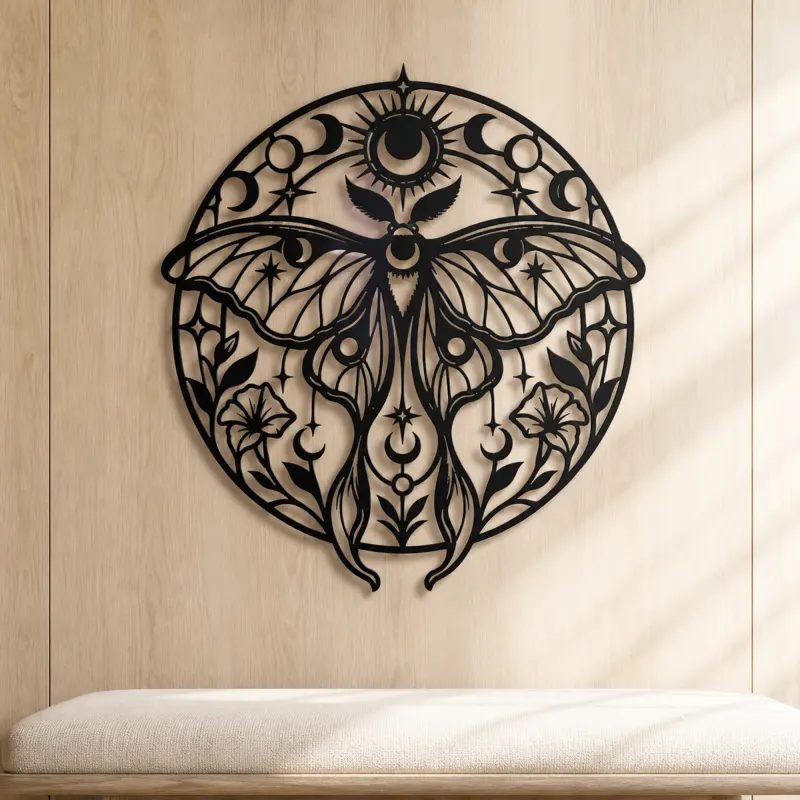 Lunar Moth Emblem Metal Wall Art | Celestial Boho Wall Decor - lifestyle view 5