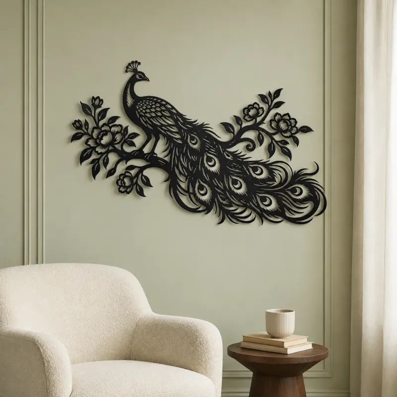 Peacock Feather Flow Metal Wall Art | Wildlife Silhouette Decor - lifestyle view 2