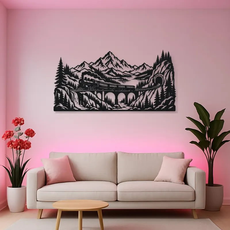 Train through Mountains Metal Wall Art | Travel and City Wall Decor