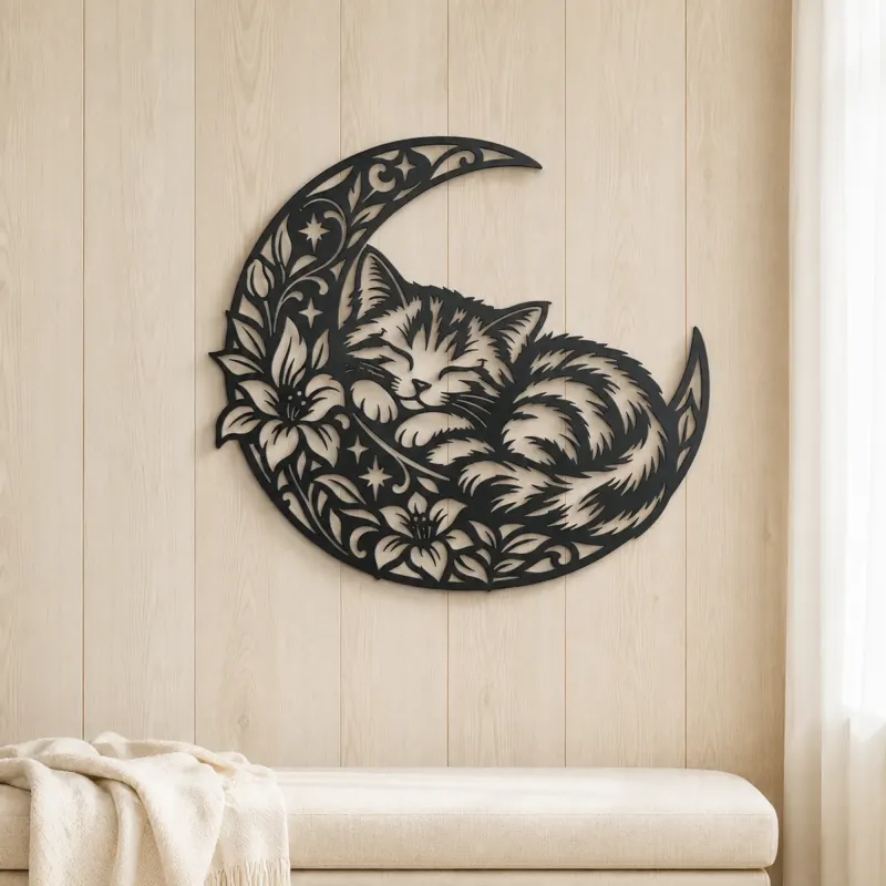 Sleeping Cat Crescent Metal Wall Art | Pet Lover Silhouette Decor - lifestyle view 5