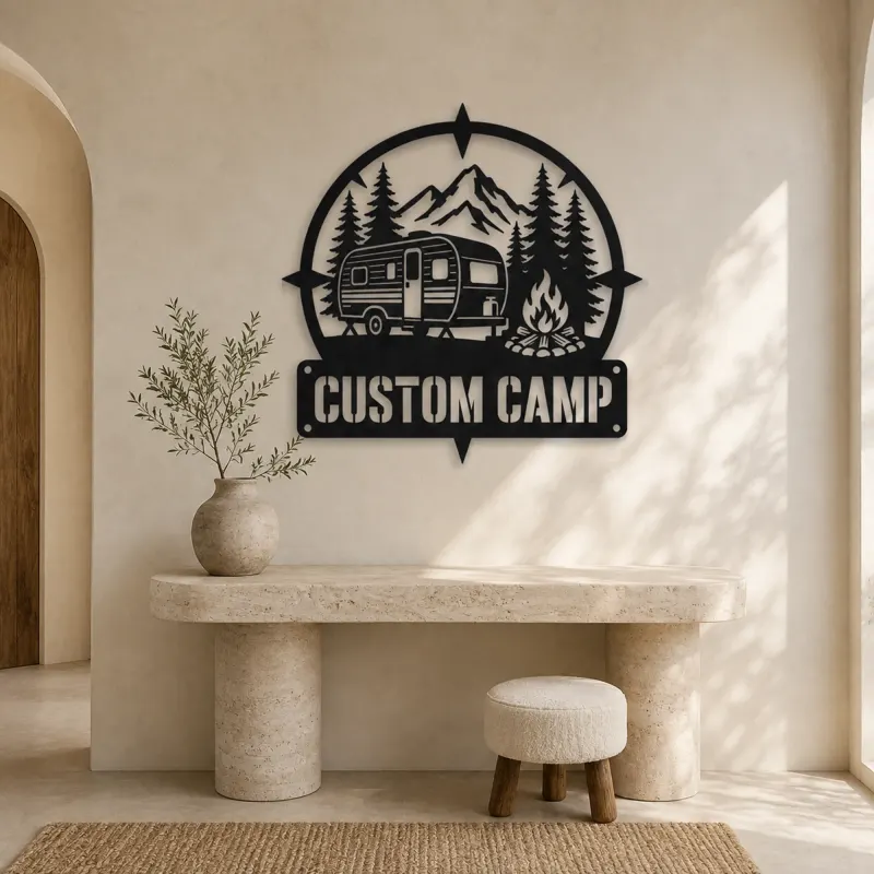 Personalized Travel Trailer Metal Wall Art with Campfire Scene - lifestyle view 3