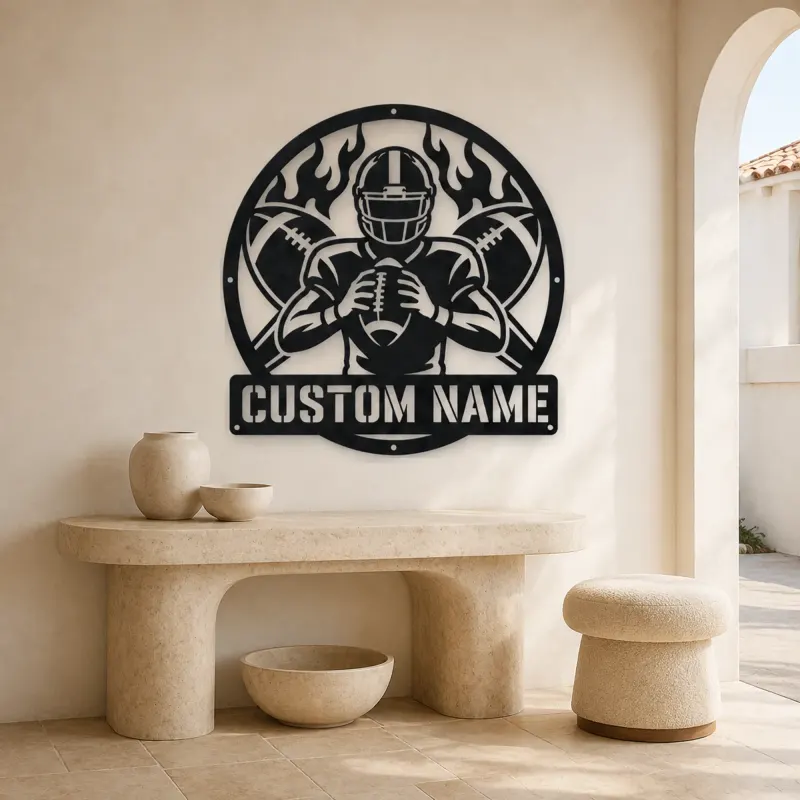 Personalized Football Player Crossed Balls Flame Metal Wall Art - lifestyle view 3