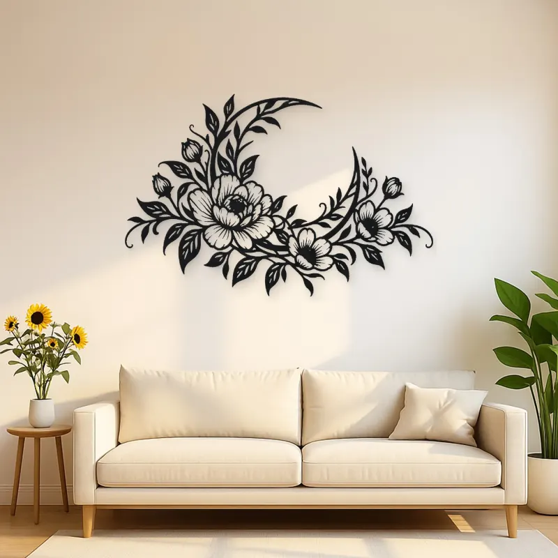 Floral Moon Arc Metal Wall Art | Botanical Metal Wall Decor