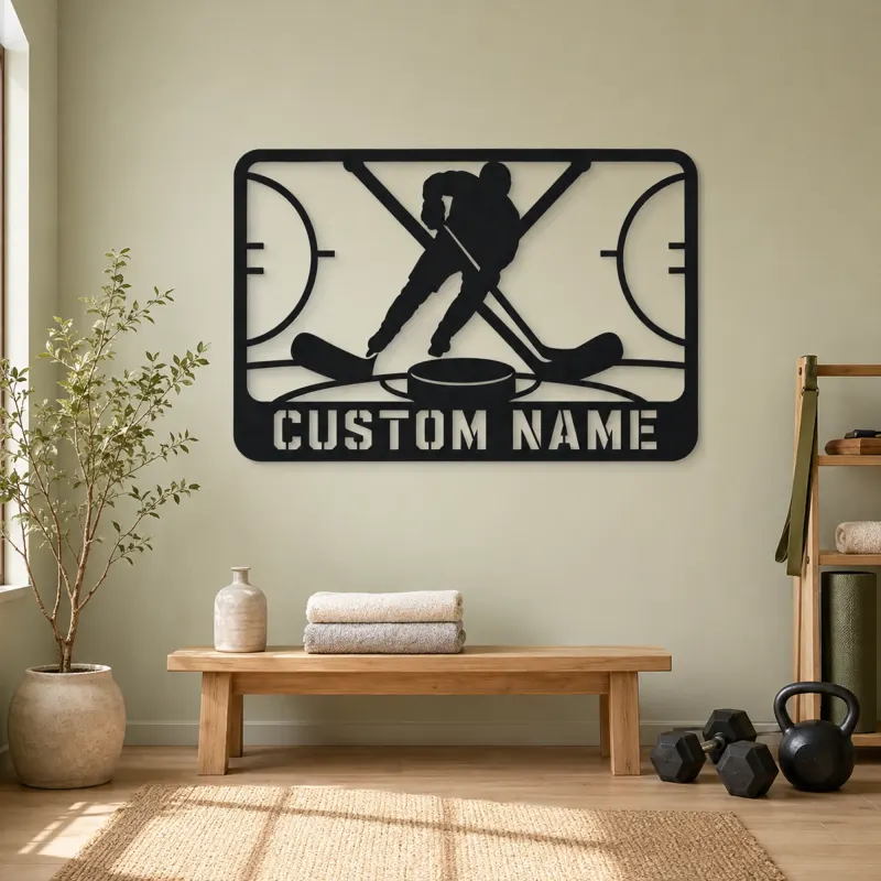 Personalized Ice Hockey Metal Wall Art with Crossed Sticks - lifestyle view 4