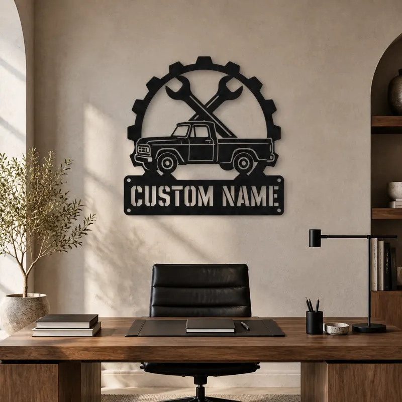 Personalized Vintage Pickup Truck Metal Wall Art with Wrench Detail - lifestyle view 3