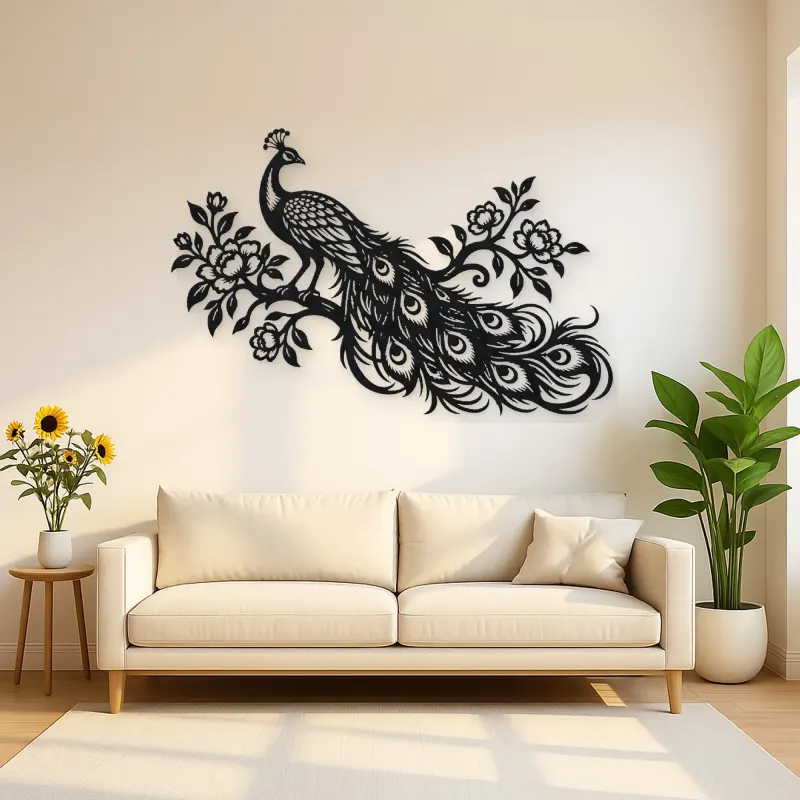 Peacock Feather Flow Metal Wall Art | Wildlife Silhouette Decor