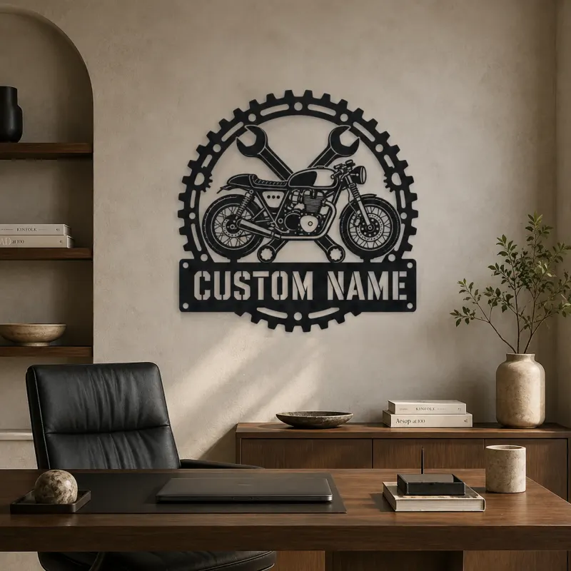 Personalized Cafe Racer Motorcycle Metal Wall Art with Crossed Wrenches - lifestyle view 3