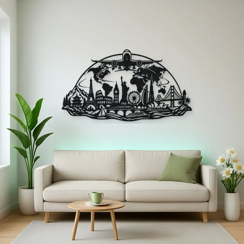 Airplane World Arc Metal Wall Art | Travel and City Wall Decor