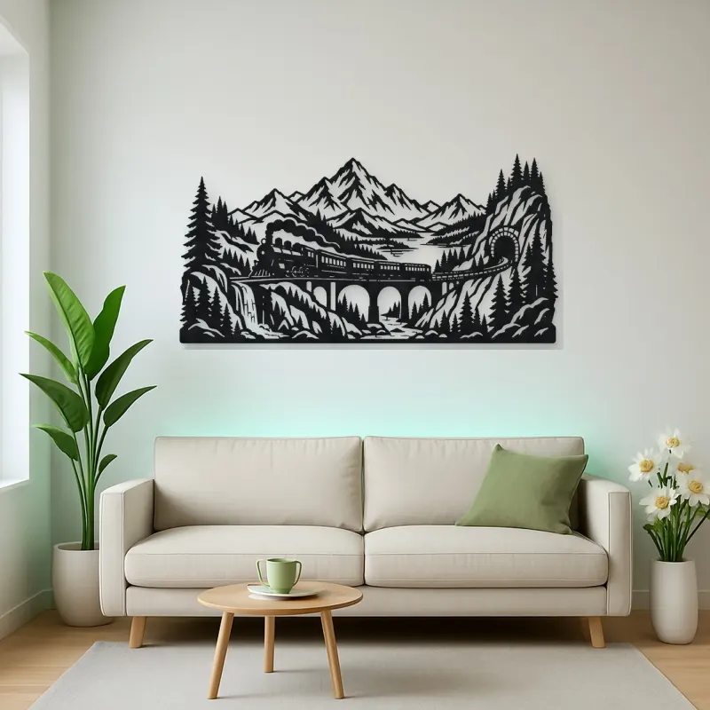 Train through Mountains Metal Wall Art | Travel and City Wall Decor