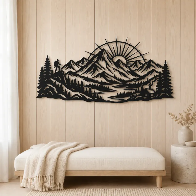 Mountain Sunrise Arc Metal Wall Art | Nature Silhouette Decor - lifestyle view 5