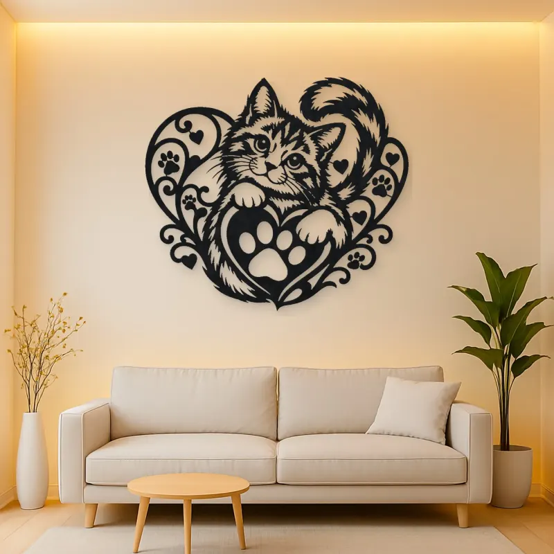 Cat Paw Heart Metal Wall Art | Pet Lover Silhouette Decor