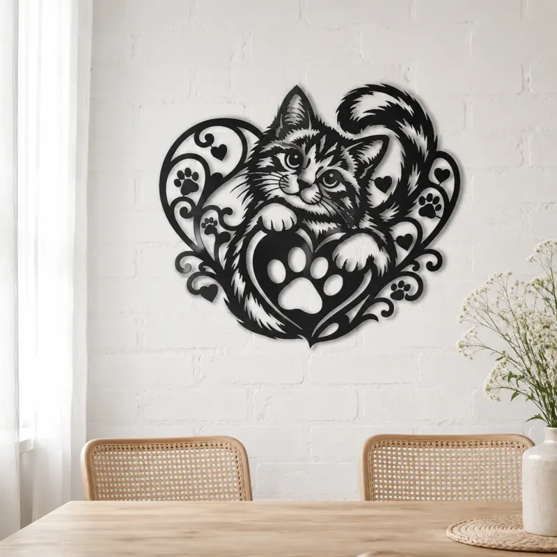 Cat Paw Heart Metal Wall Art | Pet Lover Silhouette Decor - lifestyle view 4