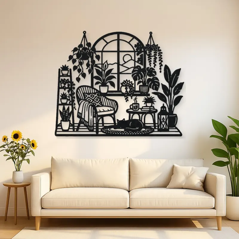 Window Plant Garden Metal Wall Art | Botanical Metal Wall Decor