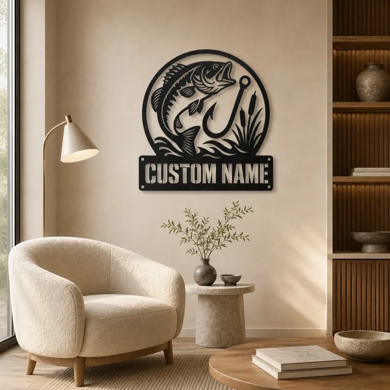 Personalized Largemouth Bass Fishing Metal Wall Art with Hook - lifestyle view 5