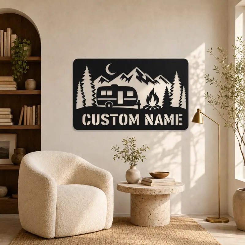 Personalized Travel Trailer Metal Wall Art with Campfire - lifestyle view 5