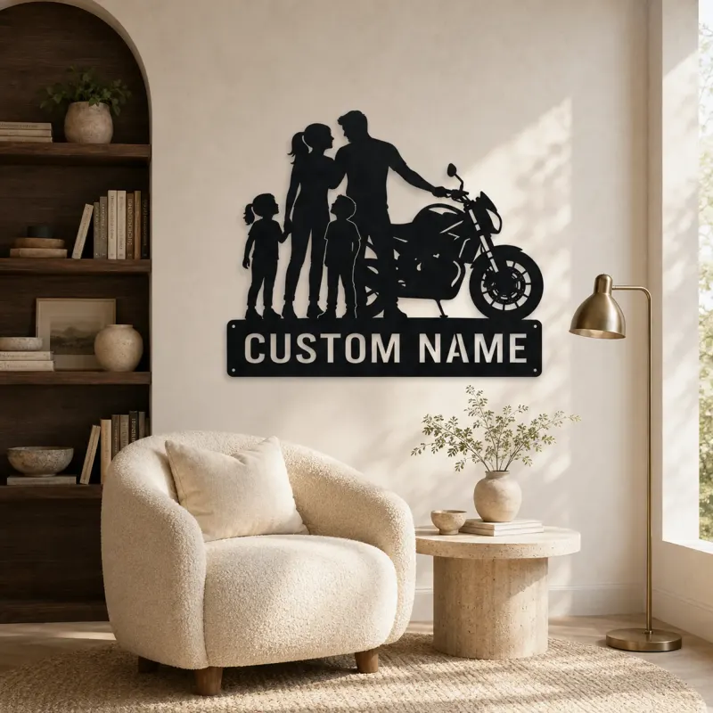 Personalized Modern Motorcycle Family of Four Metal Wall Art - lifestyle view 5