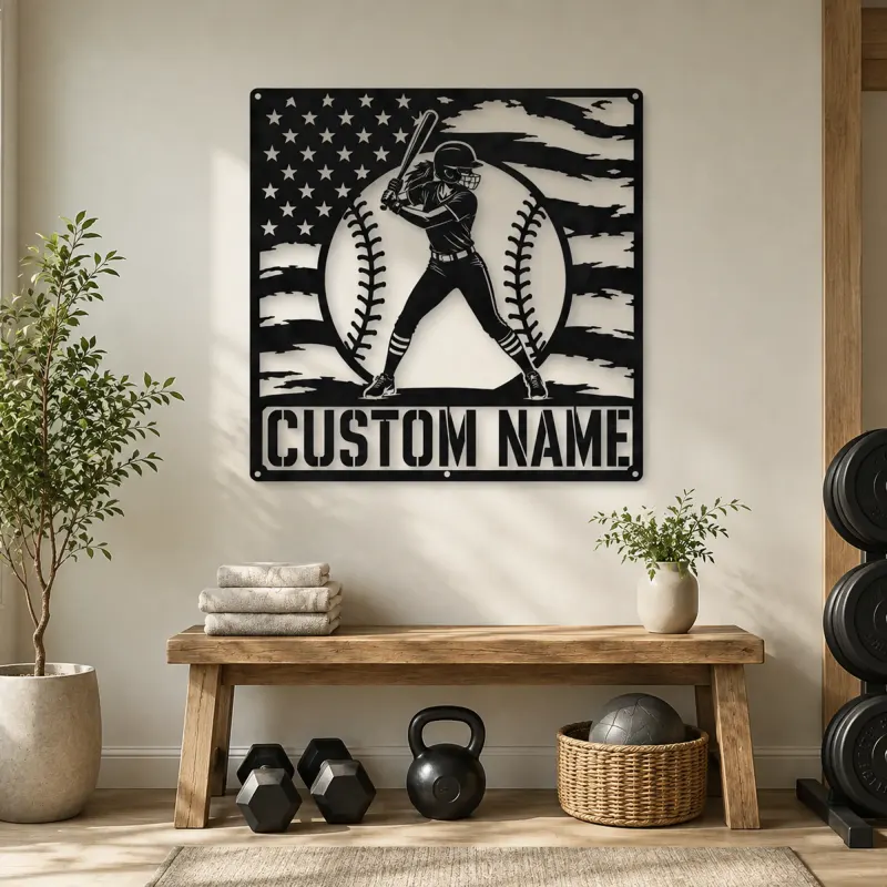 Personalized Female Softball Batter American Flag Metal Wall Art - lifestyle view 4