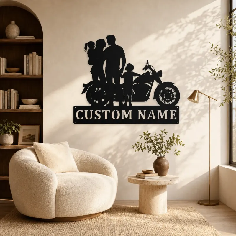 Personalized Classic Motorcycle Family with Toddler Metal Wall Art - lifestyle view 5