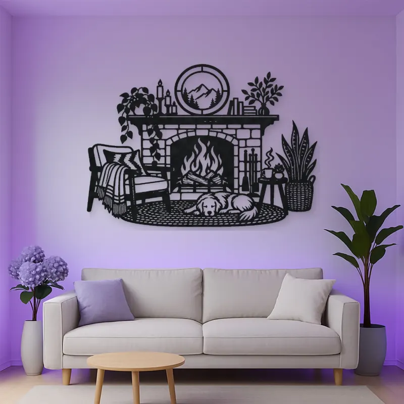 Modern Fireplace Scene Metal Wall Art | Cozy Home Metal Decor