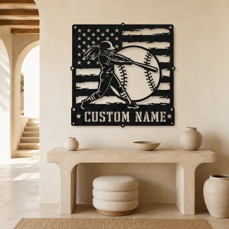 Personalized Softball Batter Distressed American Flag Metal Wall Art - lifestyle view 3
