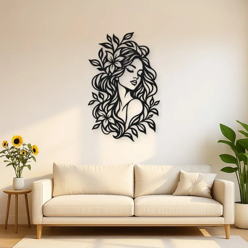 Botanical Hair Face Metal Wall Art | Minimalist Woman Line Art