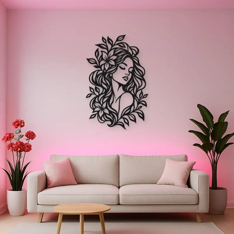 Botanical Hair Face Metal Wall Art | Minimalist Woman Line Art