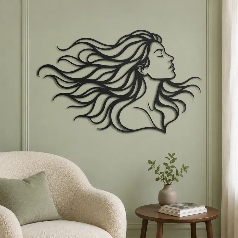 Windblown Hair Face Metal Wall Art | Minimalist Woman Line Art - lifestyle view 2