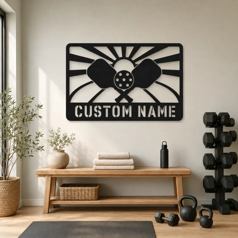 Personalized Pickleball Paddle Metal Wall Art with Sunrise - lifestyle view 4
