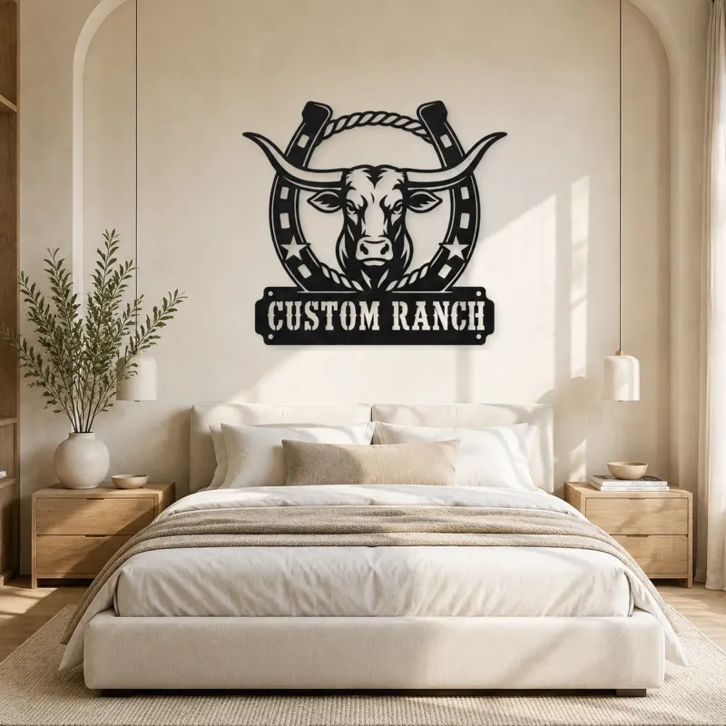 Personalized Longhorn Ranch Metal Wall Art with Horseshoe Frame - lifestyle view 2