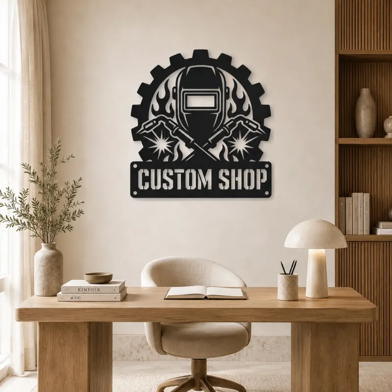 Personalized Welder Helmet Metal Wall Art with Crossed Torches - lifestyle view 5