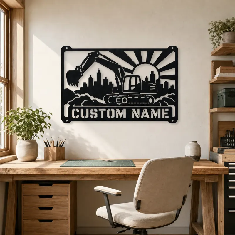 Personalized Excavator Metal Wall Art with Construction Skyline - lifestyle view 4