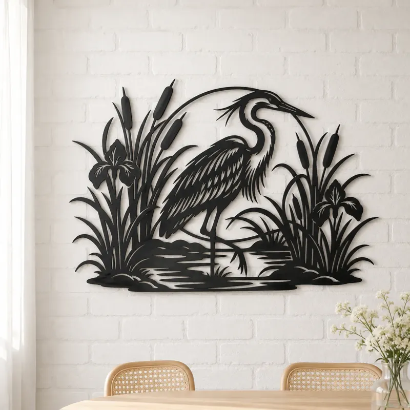 Heron Reed Garden Metal Wall Art | Wildlife Silhouette Decor - lifestyle view 4