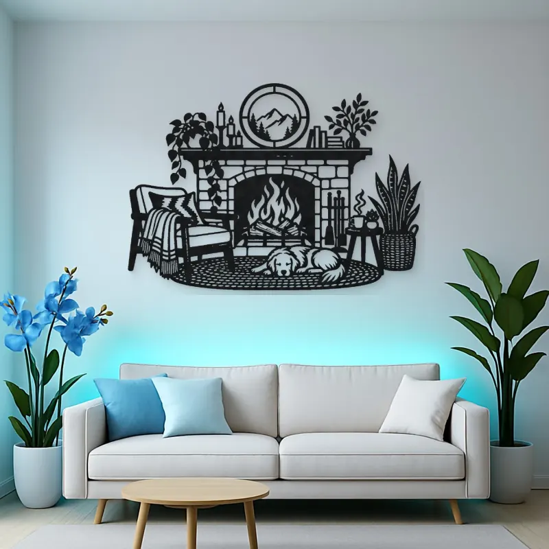 Modern Fireplace Scene Metal Wall Art | Cozy Home Metal Decor