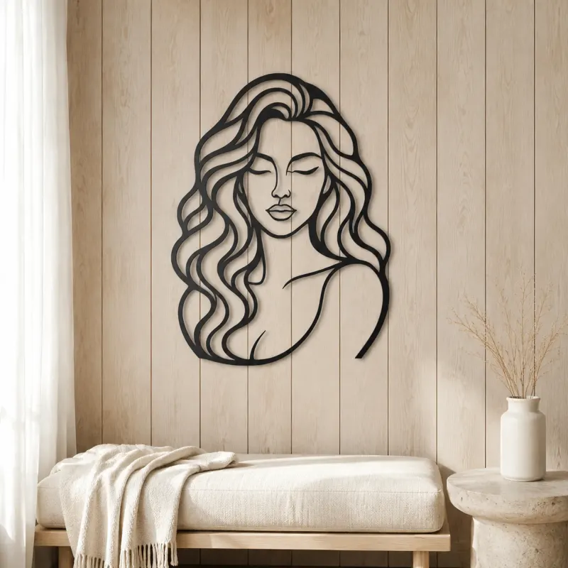 Wavy Hair Beauty Metal Wall Art | Minimalist Woman Line Art - lifestyle view 5