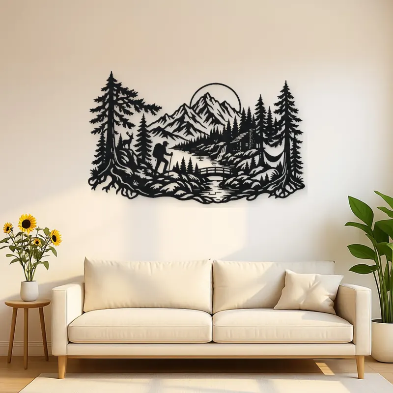 Hiker in the Woods Metal Wall Art | Nature Silhouette Decor