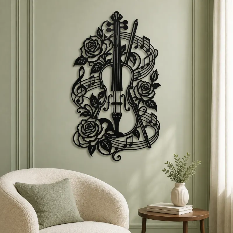 Violin and Roses Metal Wall Art | Music Room Wall Decor - lifestyle view 2