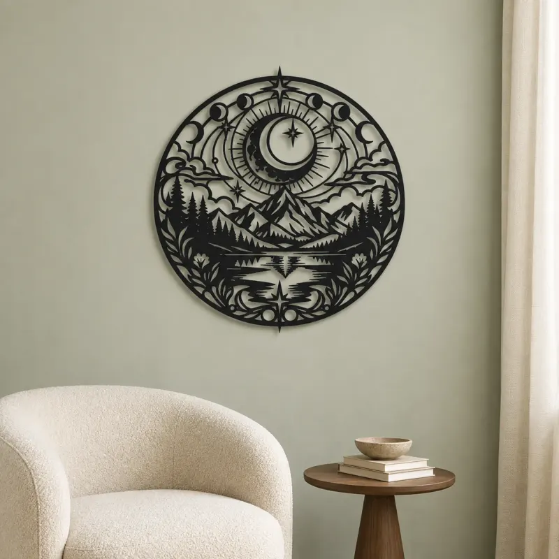 Moon over Mountains Metal Wall Art | Celestial Boho Wall Decor - lifestyle view 2