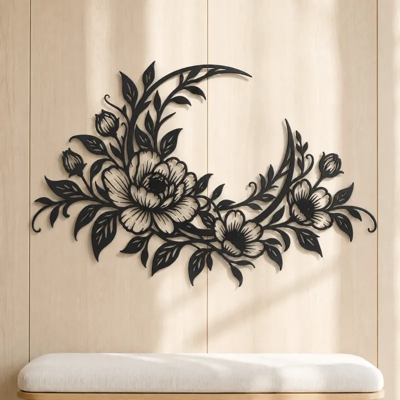 Floral Moon Arc Metal Wall Art | Botanical Metal Wall Decor - lifestyle view 5