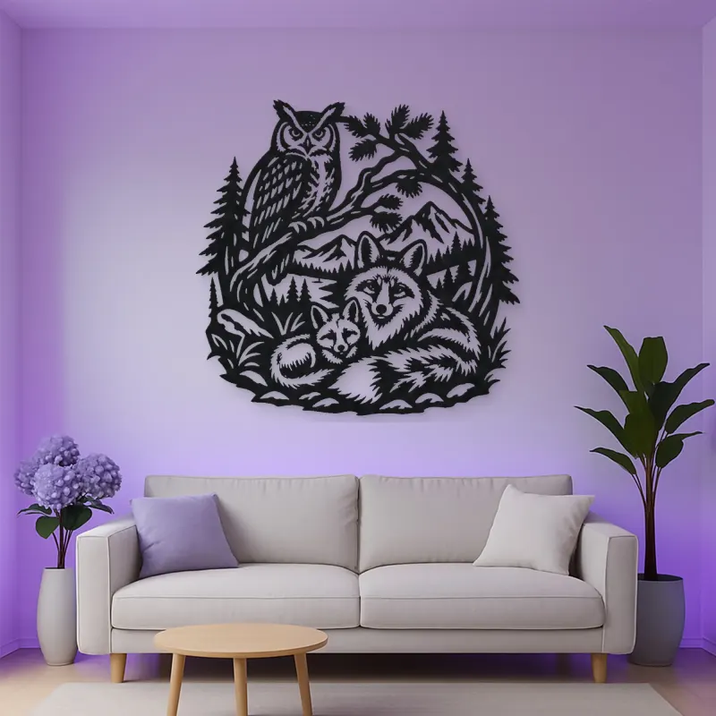 Owl and Fox Forest Metal Wall Art | Wildlife Silhouette Decor
