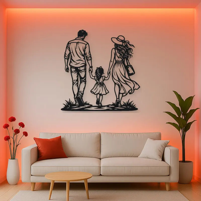 Family of Three Walk Metal Wall Art | Family Silhouette Decor