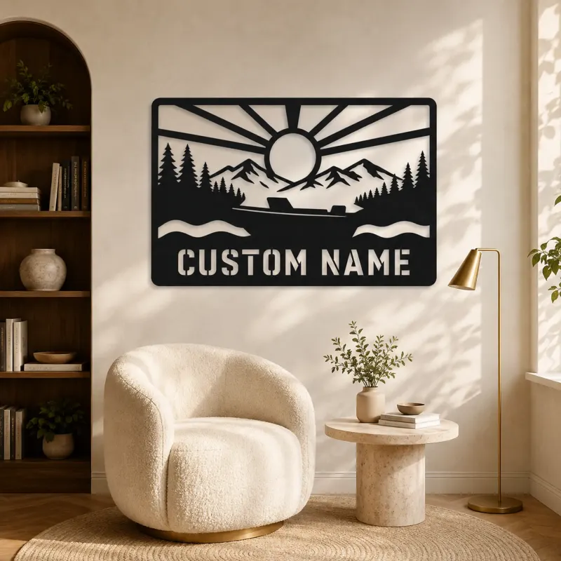 Personalized Speedboat Metal Wall Art with Mountain Lake - lifestyle view 5
