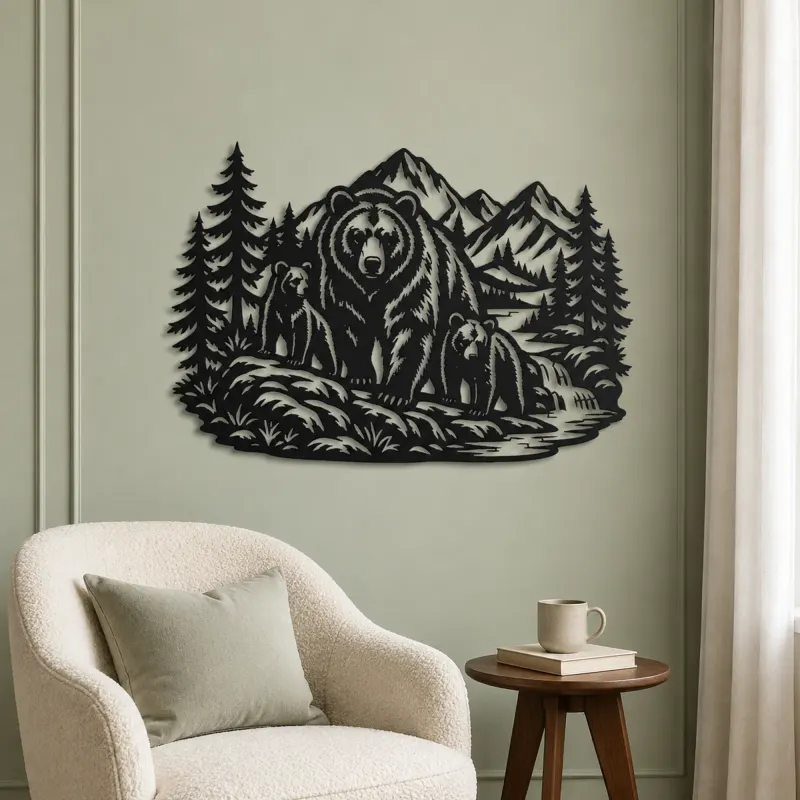 Bear Mountain Scene Metal Wall Art | Wildlife Silhouette Decor - lifestyle view 2